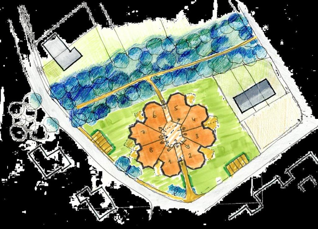 200 m2); Individuele buitenruimtes (privé terrassen) in gemeenschappelijke tuin; Gemeenschappelijke tuin vormt met bestaand plantsoen + bosrand één openbaar park; 16