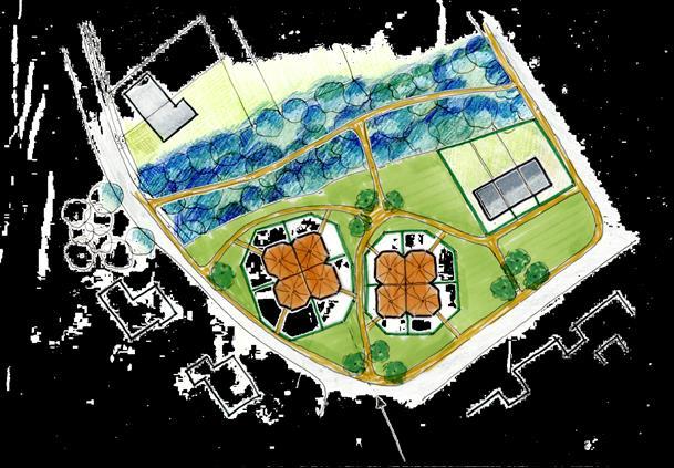 Model 2: Vierling woningen in park Principes: 8 grondgebonden woningen á 2 bouwlagen; geschakeld in twee bouwvolumes; sousterrain mogelijk.