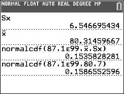 MATH PROB 6:radNorm( 80, 7, 60 ) STO> 2d [L1] Eter STAT CALC 1:1-Var Stats geerere v/e steekproef uit ee ormale verdelig Ga via ee ormal probabilityplot a dat deze gegeves ee steekproef zij uit ee