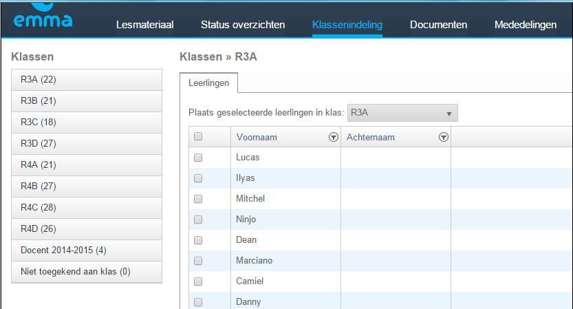 Het scherm Klassenindeling Met het scherm Klassenindeling kunt u zelf de klassenindeling wijzigen mocht dit nodig zijn, bijvoorbeeld een leerling van klas 1a naar klas 1b verplaatsen, of nieuwe