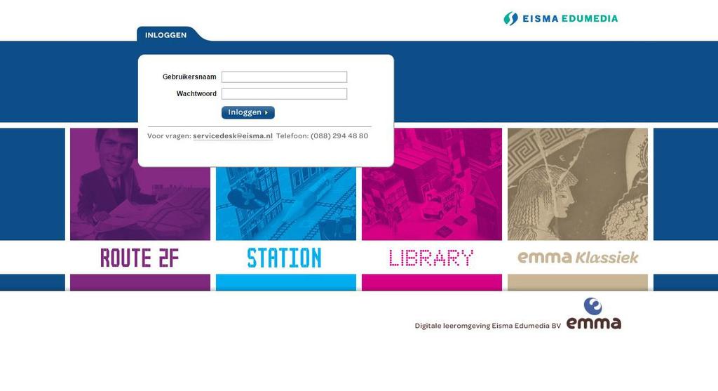 Inloggen Ga naar http://www.emma.eisma.nl. Dan komt u bij onderstaand scherm terecht: Dit scherm is voor zowel docenten als leerlingen gelijk.