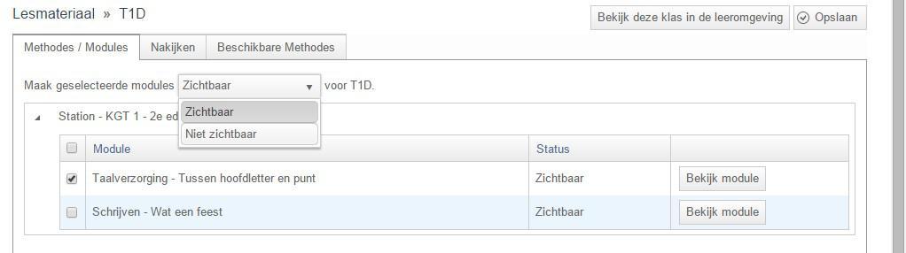 Het tabblad Methodes/ modules modules zichtbaar en niet zichtbaar maken - Het tabblad Methodes/ Modules laat zien welke modules deze leerlingen tot hun beschikking hebben.
