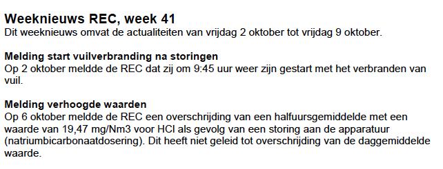 Er is geen melding gemaakt van het enige tijd afschakelen van de ESP, de te lage oventemperatuur, de overschrijding van de maximaal toegestane emissienormen voor stof, koolwaterstoffen en CO, het