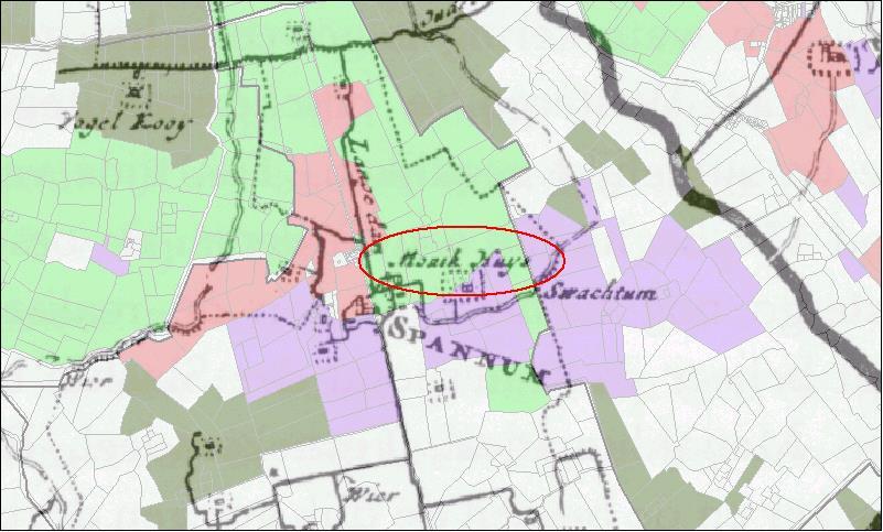 De uithof Monnikhuis te Spannum van de abdij Lidlum; het bezit grenst aan dat van de pastorie en de kerkfabriek (roze en paars) monniken zijn in dit