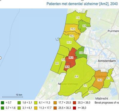 Thuiswonende mensen met dementie per km2 per