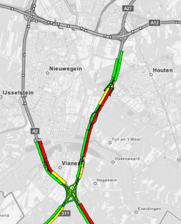 Tussen Knooppunt Everdingen en Lexmond ligt de snelheid lager dan 50 km/uur nabij het Merwedekanaal. Hier gaat de capaciteit in het VKA terug van vier naar drie rijstroken.