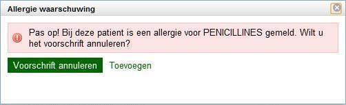 Extra notificatie bij het voorschrijven van allergie-gerelateerde medicatie Bovendien wordt bij het voorschrijven van een geneesmiddel (recept) waarvoor de patiënt een allergie heeft, een extra