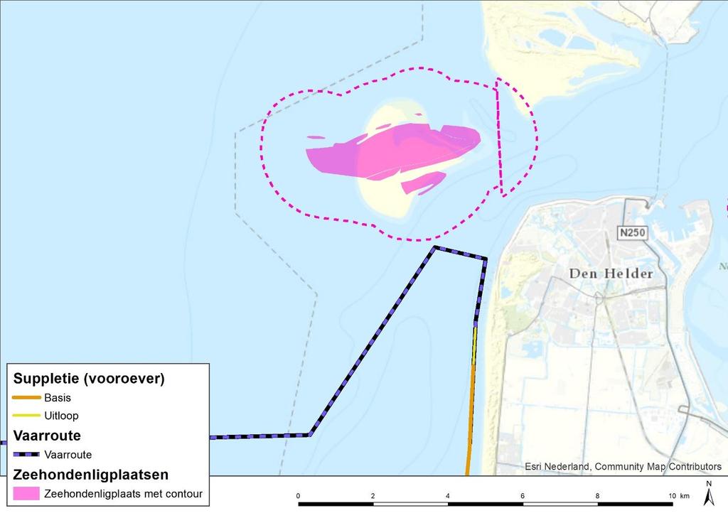 Figuur 5: Ligging van de zeehondenrustgebieden ten opzichte van de vaarroute en suppletielocatie. De afstanden van 1.500 meter (beheerplan Waddenzee) en 1.