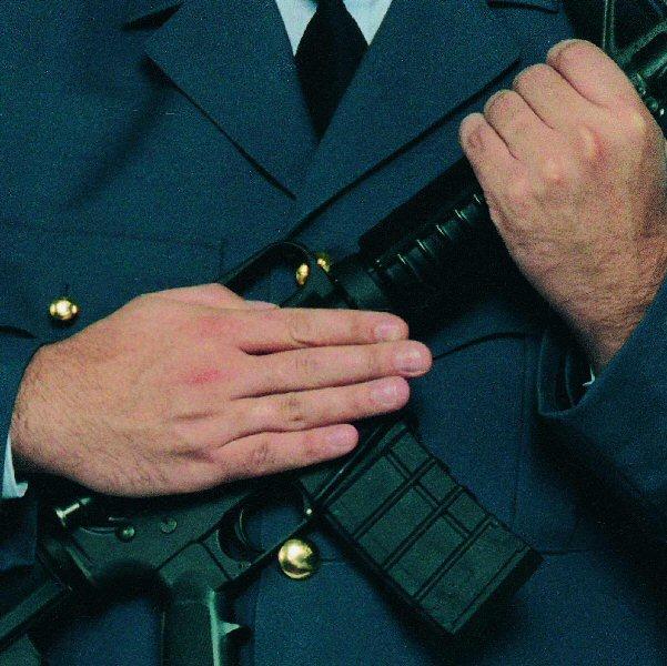 Commando: brengt ere = groet / presenteert = geweer De uitgangssituatie is de houding met de karabijn.
