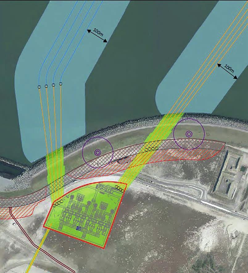 2 Projectbeschrijving 17 Figuur 2.2 Illustratie twee aanlandingsvarianten met belemmerende strook (groen) in verhouding tot de beoogde plaatsing van windturbines (paarse cirkels) Bron: TenneT 2.