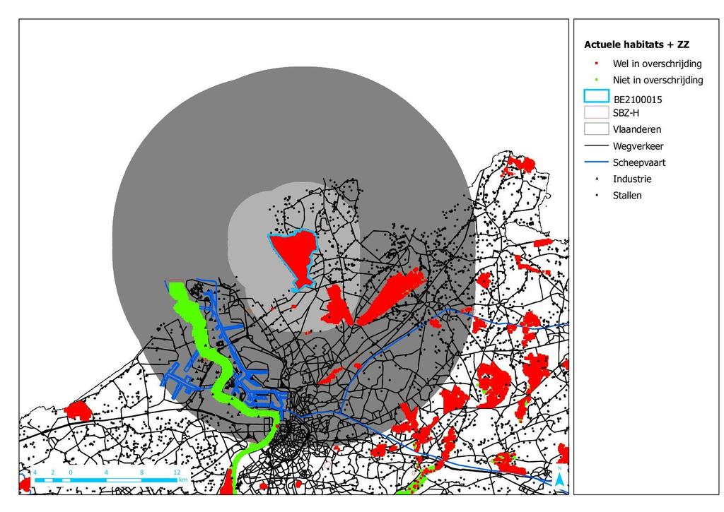 Figuur 2 : Ligging van het bestudeerde SBZ-H met de geselecteerde lokale emissiebronnen. Rode gebieden: SBZ-H s in overschrijding; Groene gebieden: SBZ-H s niet in overschrijding.