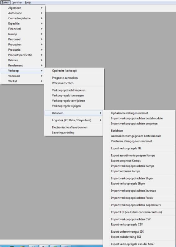 Taken Datacom In dit menu vindt u alle opties voor het inlezen van bestellingen van buitenaf,