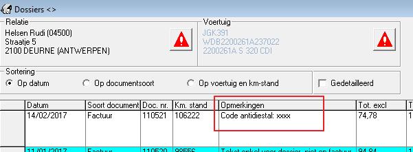 in de kolom Opmerkingen van het dossier van de wagen, zowel bij een gedetailleerde