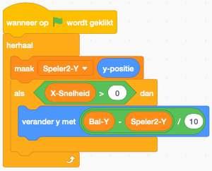 Wanneer je bovenstaande opdrachten correct hebt uitgevoerd, zou je volgende codeblok moeten hebben: BELANGRIJK: Vergeet niet om het blokje toe te voegen dat de Y-positie van speler 2 opslaat in de