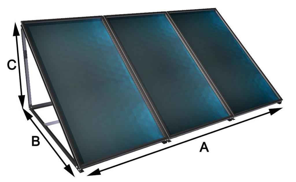 Afmetingen plat dak montage Verticale frame(s)* 1 collector 2 collectoren 3 collectoren 4 collectoren A. Breedte 1183 mm 2366 mm 3549 mm 4732 mm B. Diepte 1791 mm 1791 mm 1791 mm 1791 mm C.
