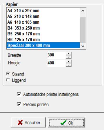 Stel dat er papier met afmetingen 300 x 400 mm wordt gebruikt. - Selecteer Speciaal in de de lijst met formaten - Wijzig de afmetingen in de breedte en hoogte velden met de pijltjes.