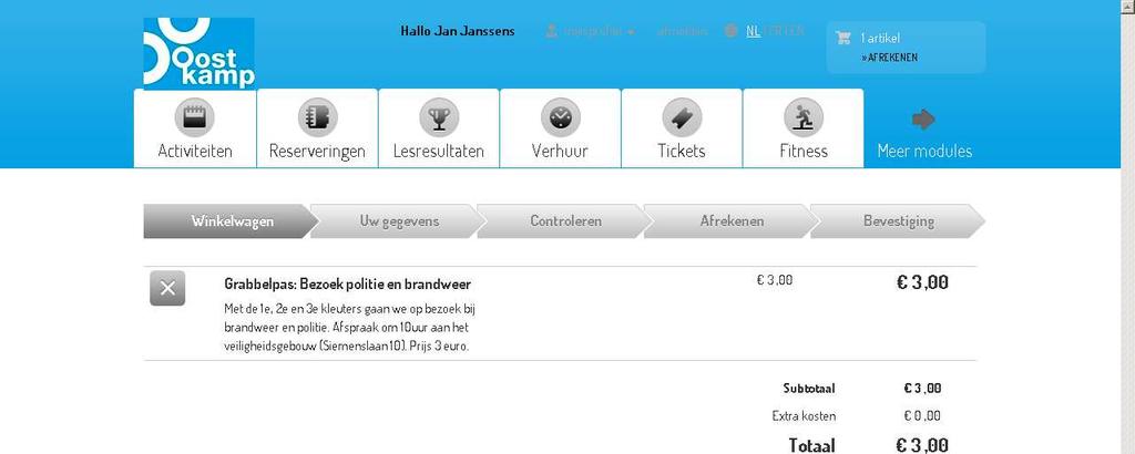 Fase 2 - Boeken van een activiteit 2 1 3 4 Figuur 10 Boeken van een activiteit: uw winkelwagentje Via de knop in winkelwagen (1) of via de link afrekenen (2) rechts bovenaan komt u bij deze pagina