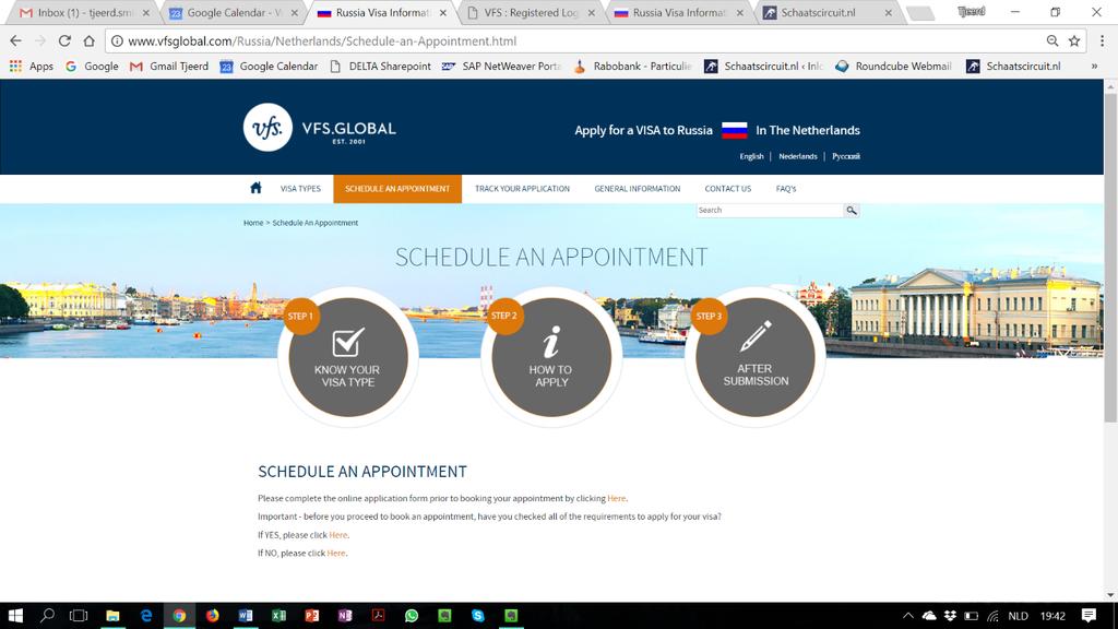 Bij Step 4 is aangegeven hoe je een afspraak kunt maken om daadwerkelijk je visum bij VFS Global in
