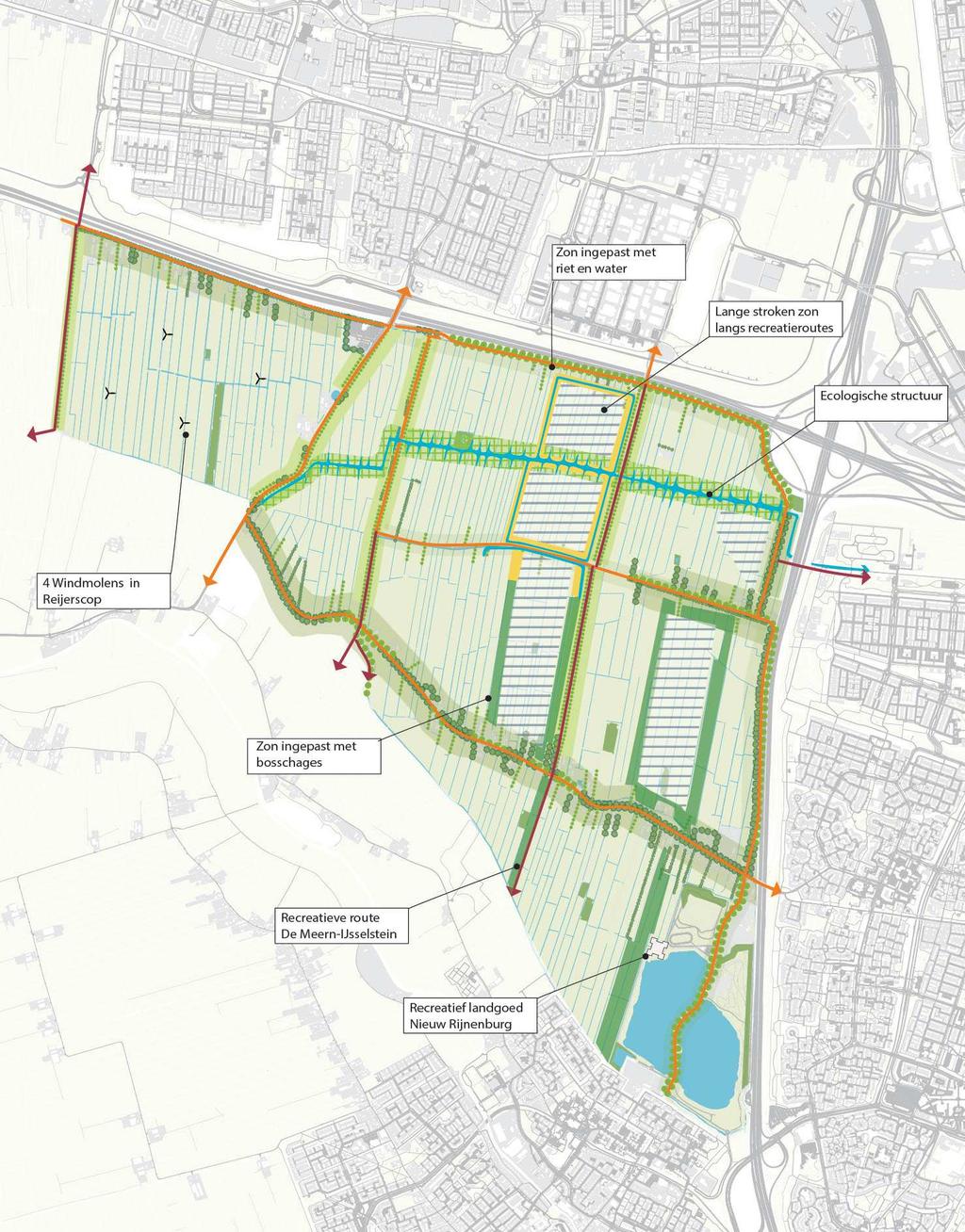 Mogelijke uitwerking van de scenario s De Kreek Nieuw Rijnenburg ENERGIEOPBRENGST 6 windmolens - 90 GWh/jaar 210 ha zon - 134 GWh/jaar aantal huishoudens: 68.