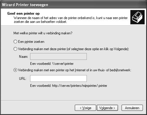 . Klik op A network printer, or a printer attached to another computer (Netwerkprinter, of een printer die met een andere computer is verbonden) en op Next (Volgende). 4.