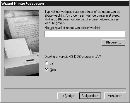 4. Klik op Bladeren en selecteer het netwerkpad in de lijst. Als u niet kunt bladeren, voert u in het vak Netwerkpad of Wachtrijnaam de volgende tekst in. 5. De wizard Printer toevoegen verschijnt.