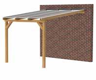 Douglas veranda Totale hoogte muurzijde 304/310/317 cm, doorgangshoogte 250 cm. De dakplaten zijn 16 mm dik en zijn verkrijgbaar in de types helder en opaal.