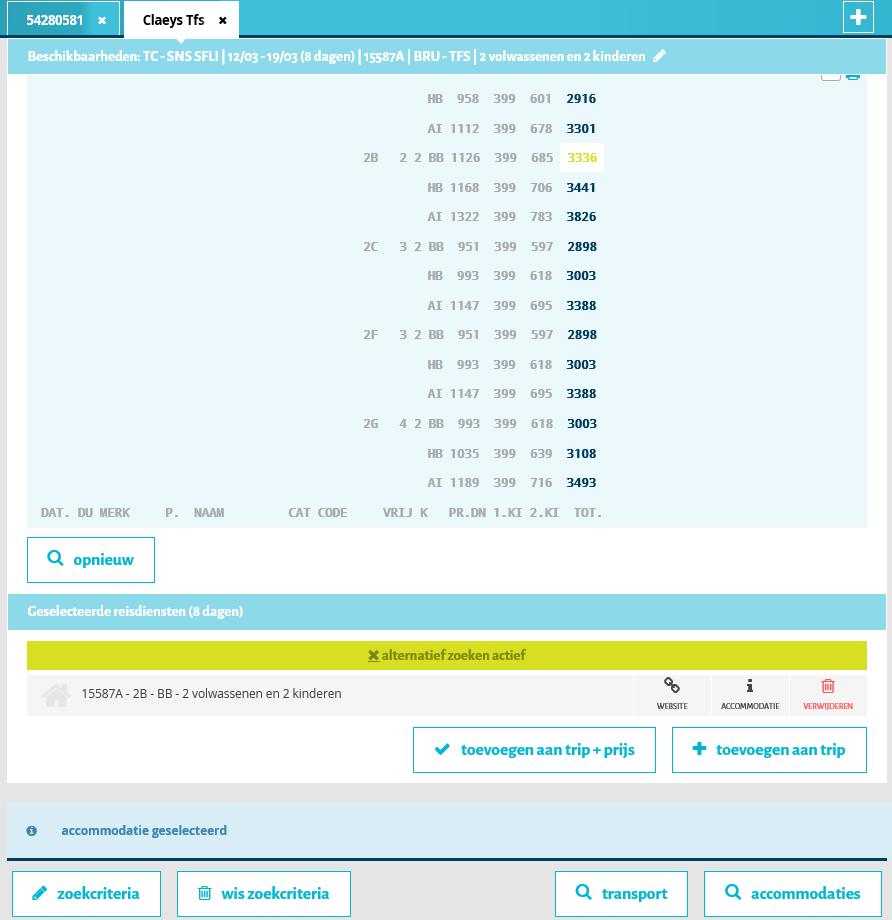 U krijgt de beschikbaarheden van de accommodatie en selecteert het gewenste kamertype. Vervolgens klikt u op + toevoegen aan trip.