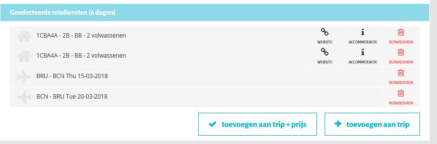 Selecteer de tweede kamer: Klik op toevoegen aan trip + prijs Wanneer je prijs berekend hebt