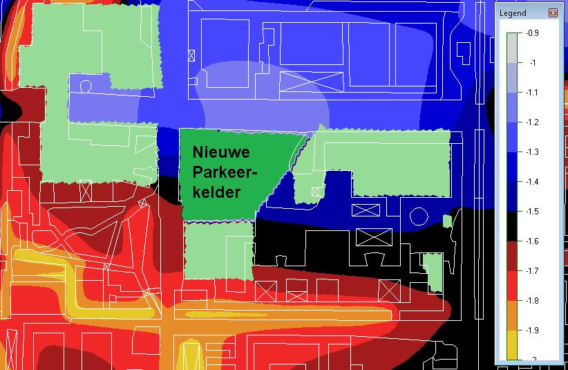 Het verschil in maatgevende grondwaterstanden voor en na de bouw van de garage is weergegeven in figuur 4-6.