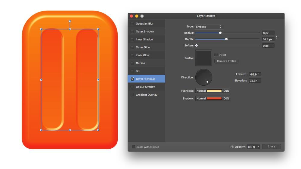 dupliceren. Deze nieuwe shapes selecteren en laten een #Group [Mac: Command + G, Win: CTRL + G]. Vervolgens een schuine kant toepassen / reliëf, effect op deze nieuwe #Group.