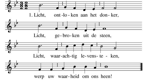 Orgelspel Welkom en mededelingen VOORBEREIDING De Paaskaars wordt binnengedragen en de cantorij zingt: Licht dat terugkomt. (allen staan) Intochtslied: Lied 600: 1, 2, 4 en 5 (t. Sytze de Vries, m.