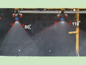 Verdeling van de spuitvloeistof Bij spleetdoppen en ketsdoppen is de verdeling in de breedte regelmatiger dan bij werveldoppen de vloeistofafgifte van één
