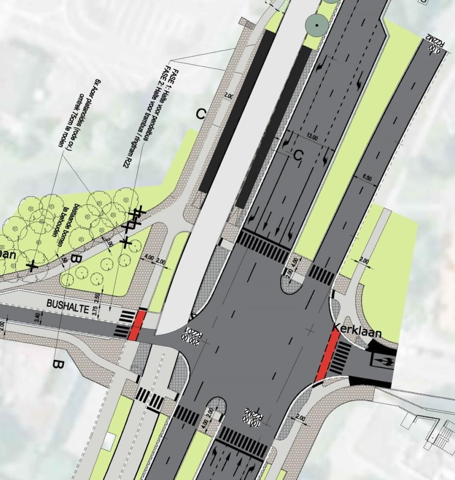 Kruispunt Woluwelaan * Kerklaan: het ontwerp voor de ringtrambus wordt aangesloten op de plannen van AWV.