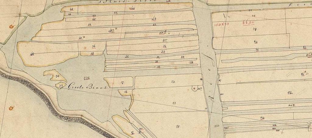 Kadastraal minuutplan uit 1827, waarop aan de oostrand van de Groote Braak