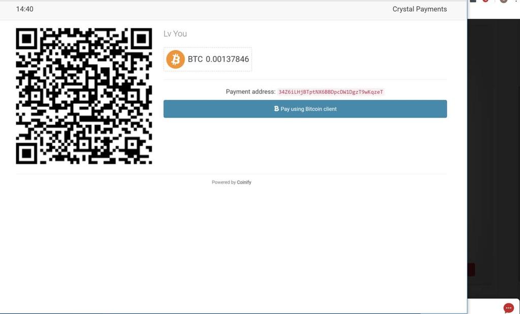 2. Cryptocurrency Indien je je LV YOU Wallet wil aanvullen door middel van cryptocurrency, kan je de Bitcoin optie selecteren.