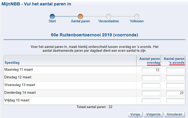 per dag en per dagdeel opgeven hoeveel paren er mee zullen gaan doen.