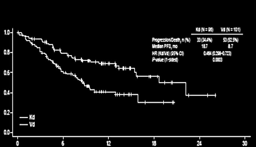 Retreatment using the same drug classes Kd vs Vd (ENDEAVOR) Prior Bort: progression-free survival Proportion surviving without progression Kd (N=96) Vd (N = 101) Median PFS, mo 18.7 8.