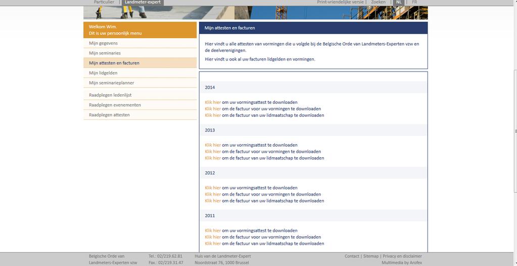 5. Downloaden van uw attesten en facturen Voor de volgende stap moet u in het menu gaan dat slechts verschijnt wanneer u ingelogd bent (dat kun je op de bovenste horizontale balk nagaan).