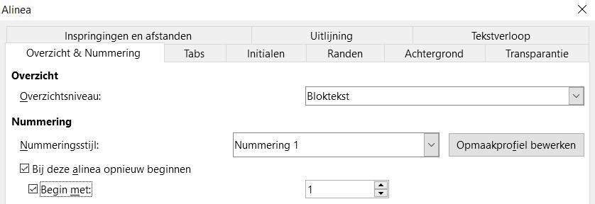 Elke van de vooraf gedefinieerde lijstopmaakprofielen in Writer heeft vier geassocieerde alineaopmaakprofielen. Voor meer informatie over lijstopmaakprofielen, zie Hoofdstuk 11, Werken met lijsten.