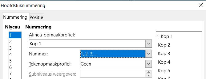 Afbeelding 27: Specificeren van koppen op Niveau 1 2. In de lijst Niveau, kies 2. In de lijst Nummer, kies 1, 2, 3,.