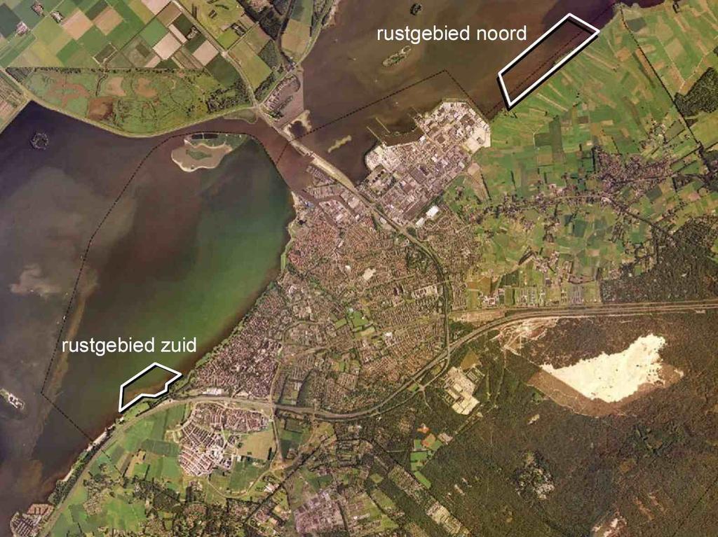 Figuur 4.6 Globaal overzicht van de ligging van de geplande rustgebieden in de omgeving van het Waterfront (bron: gemeente Harderwijk 2009).