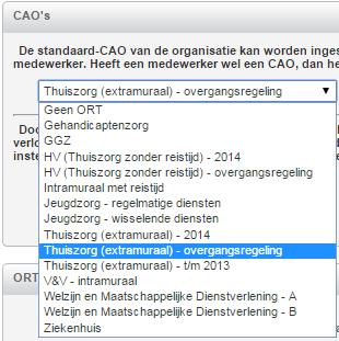 Selecteer de standaard CAO Onder aan de pagina is in te stellen welke CAO als standaard