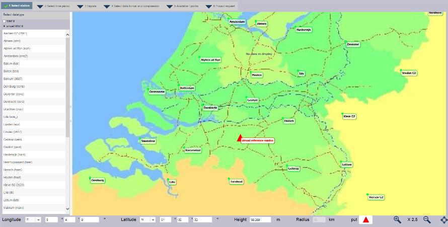 Klik op de rode driehoek rechts onderin om de VRS op de kaart te plaatsen. Klik op select time period. Selecteer de gewenste datum en tijd van de benodigde RINEX data (let op, GPS-tijd!