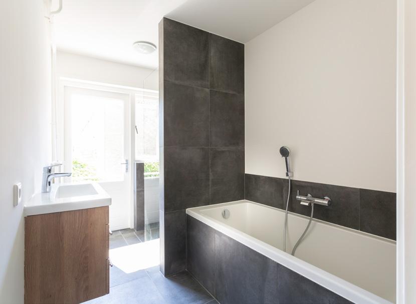 Modern bathroom with a bathtub, walk-in shower with handshower and rainshower, sink with wash stand,
