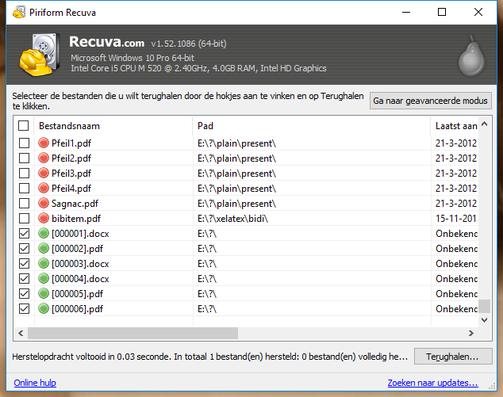 Voor documenten en andere bestanden ziet het scanresultaat er iets anders uit. Je krijgt dan een lijst met bestandsnamen te zien.