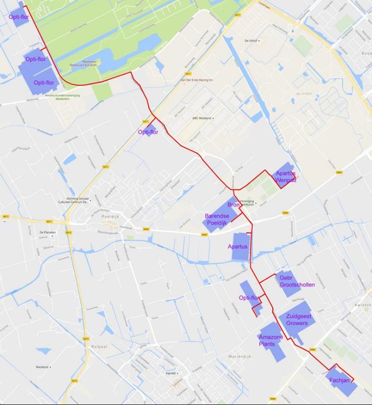 4. Perspectief 4.1. Aansluiten klanten De gewonnen aardwarmte wordt nu reeds toegepast op 11 tuinbouwbedrijven. In onderstaande tekening staan de aangesloten tuinbouwbedrijven vermeld.