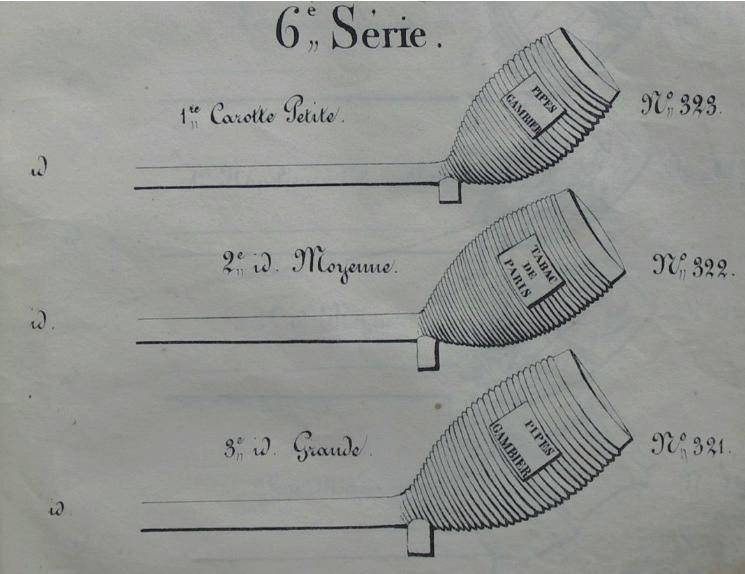 Afb. 5. Catalogus Hasslauer & L. Fiolet Successeurs de Gambier, 1840, p. 15. Collectie auteur. (afb. 5).3 Er worden drie pijpen met de naam carotte getoond.