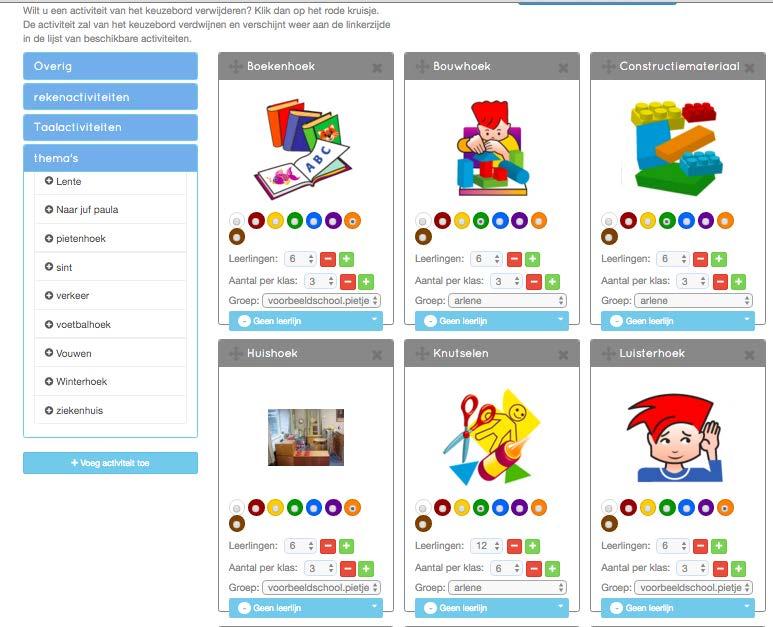 Er zijn een aantal aanvullingen. Zo geef je per activiteit aan in welke klas deze activiteit plaatsvindt. Dit vul je in naast de groep. In dit voorbeeld is er keuze uit; Arlene of Pietje.