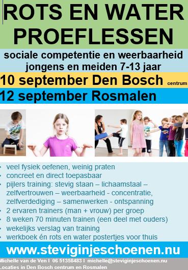 De proeflessen en trainingen zijn in Den Bosch en Rosmalen. We werken met 2 leeftijdsgroepen: 7-9 en 10-13 jaar. De groepen worden altijd begeleid door 2 ervaren trainers, een man en een vrouw.
