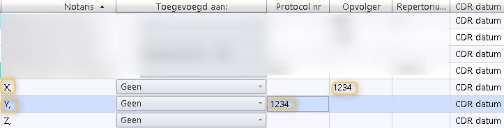 Notaris Y neemt het protocol over. Het nummer moet bij het veld "Protocol nr" leeggemaakt worden bij notaris X en dit nummer moet ingevuld worden in de kolom "Opvolger".